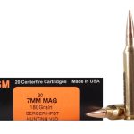 HSM Trophy Gold Ammunition 7mm Remington Magnum 180 Grain Berger Hunting VLD Hollow Point Boat Tail Box of 20